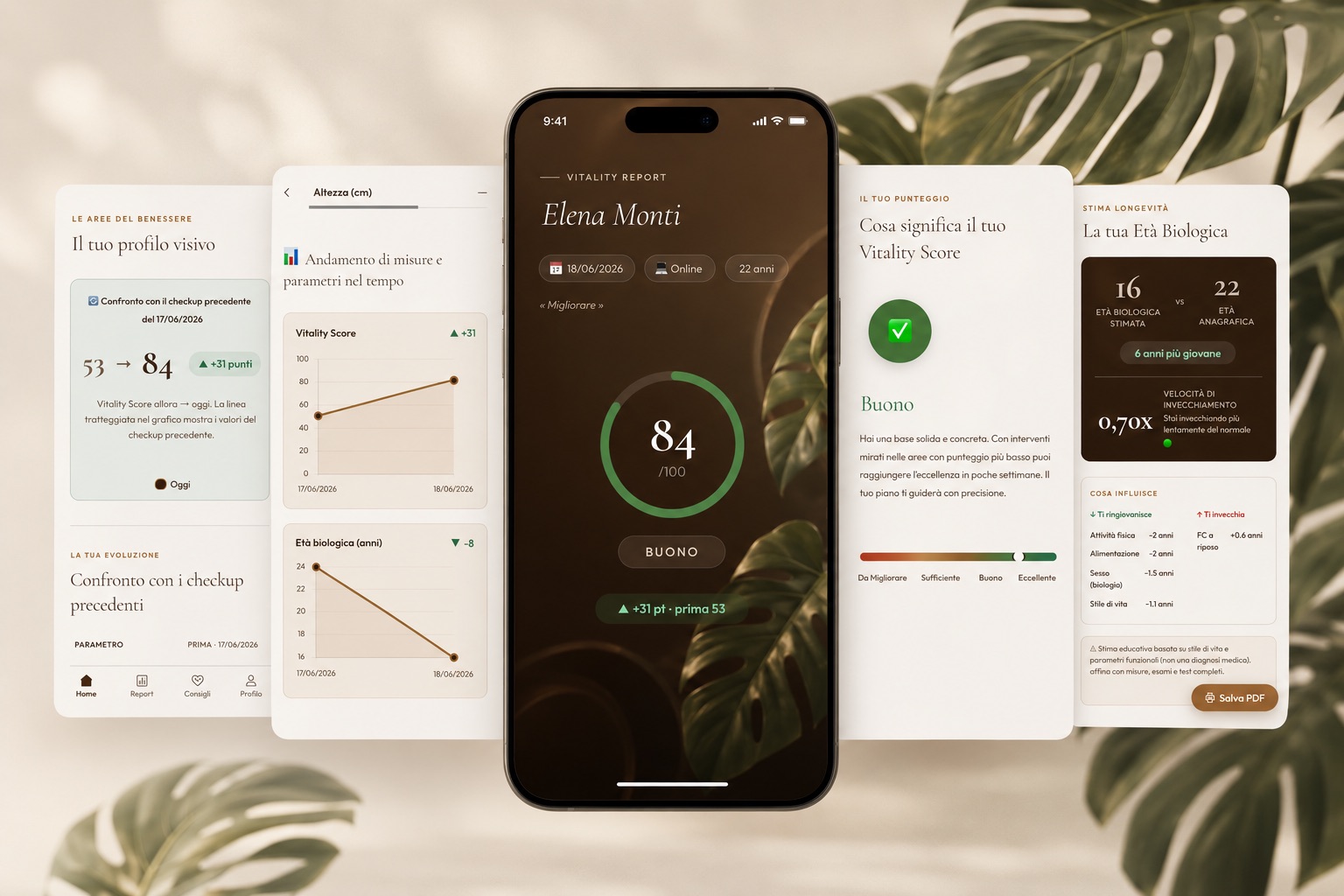 Dashboard del Vitality Checkup con l'evoluzione dello Spider Graph delle 7 aree nel tempo